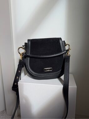 Saint + Sofia Elegant Black Suede Crossbody with Gold Hardware